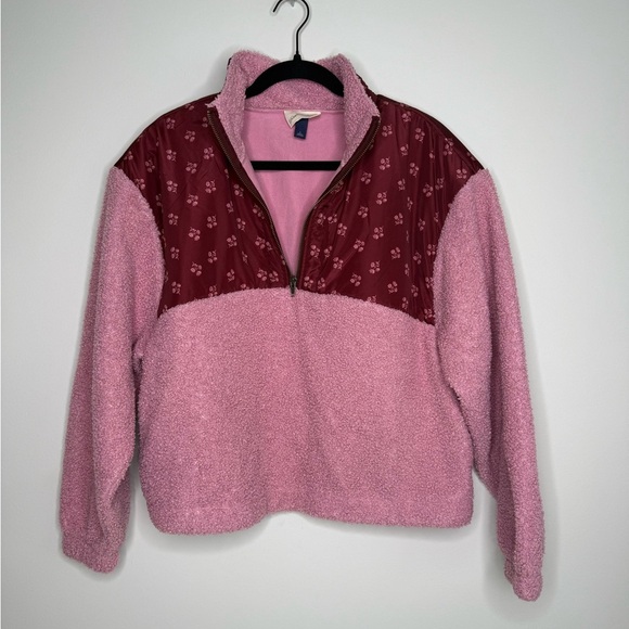 Universal Thread Pink Floral Colorblock Quarter-Zip Sherpa Pullover Jacket - Picture 2 of 10
